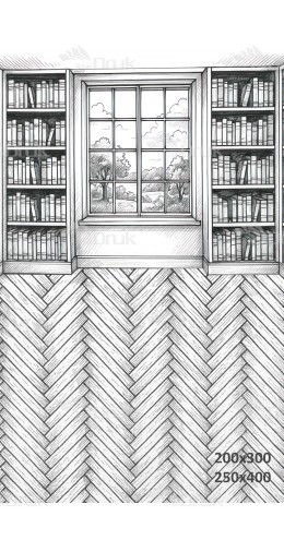 Tło fotograficzne – ilustracyjna biblioteka z oknem i parkietem | 3713
